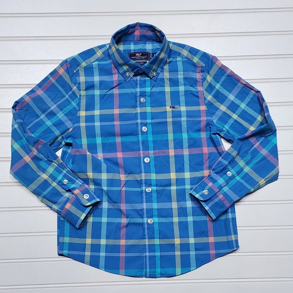 Vineyard Vines Boys Plaid Button Down Whale Shirt Size 5 Blue